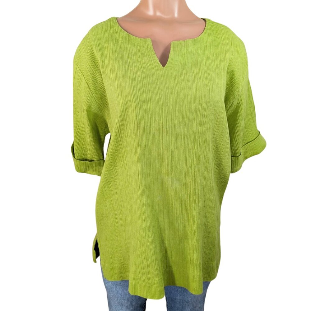 Boca Bay Medium Lime Green Cotton V-Neck Short Sleeve Blouse
